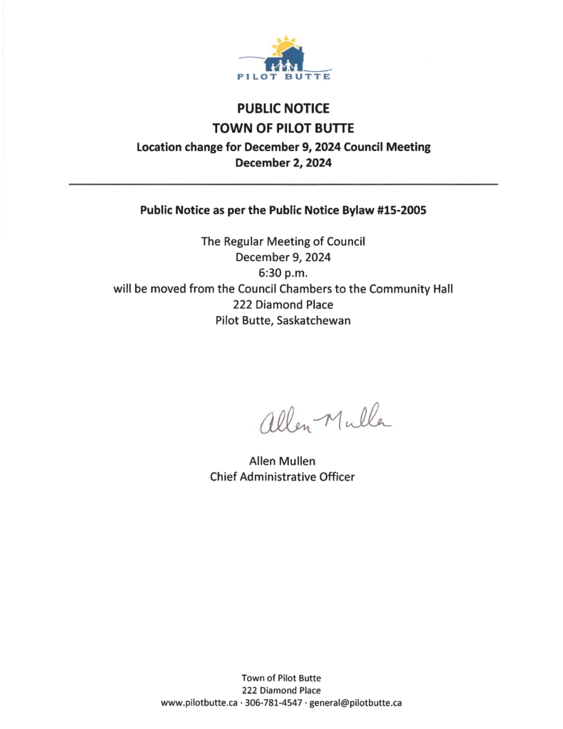 Public Notice location change for Dec 9 2024 Council Meeting